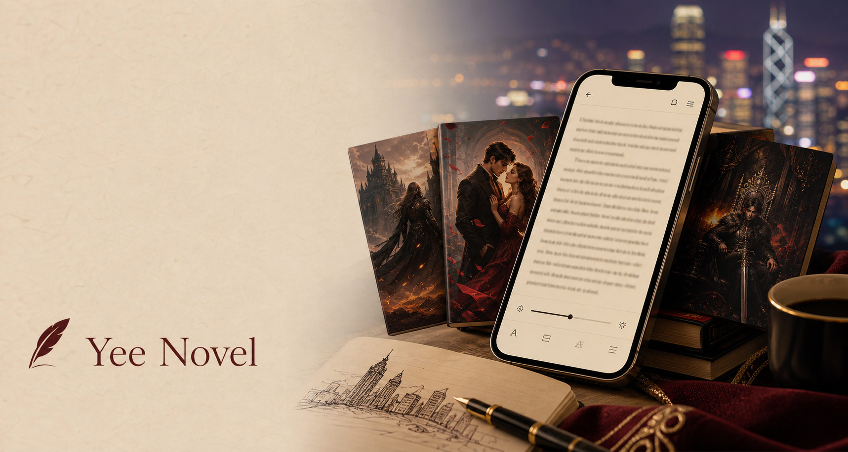 Yee Novel reading app displayed beside fantasy and romance novel covers